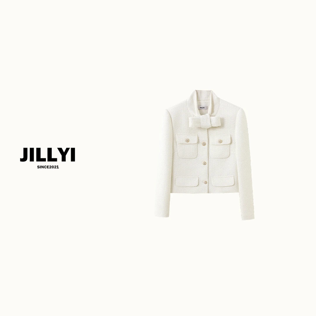 jillyi【喜马拉雅】白色蝴蝶结绑带领口单排扣秋季时尚气质外套