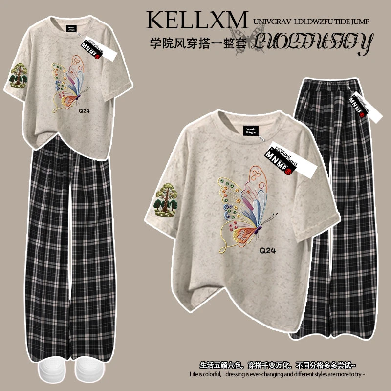 创意仿刺绣蝴蝶女童扎染短袖t恤格子裤套装中大童时尚百搭两件套