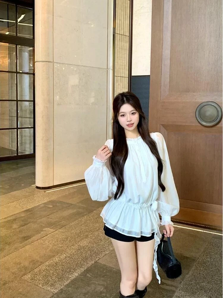 法式设计感木耳边花苞收腰上衣气质纯色防晒长袖衬衣