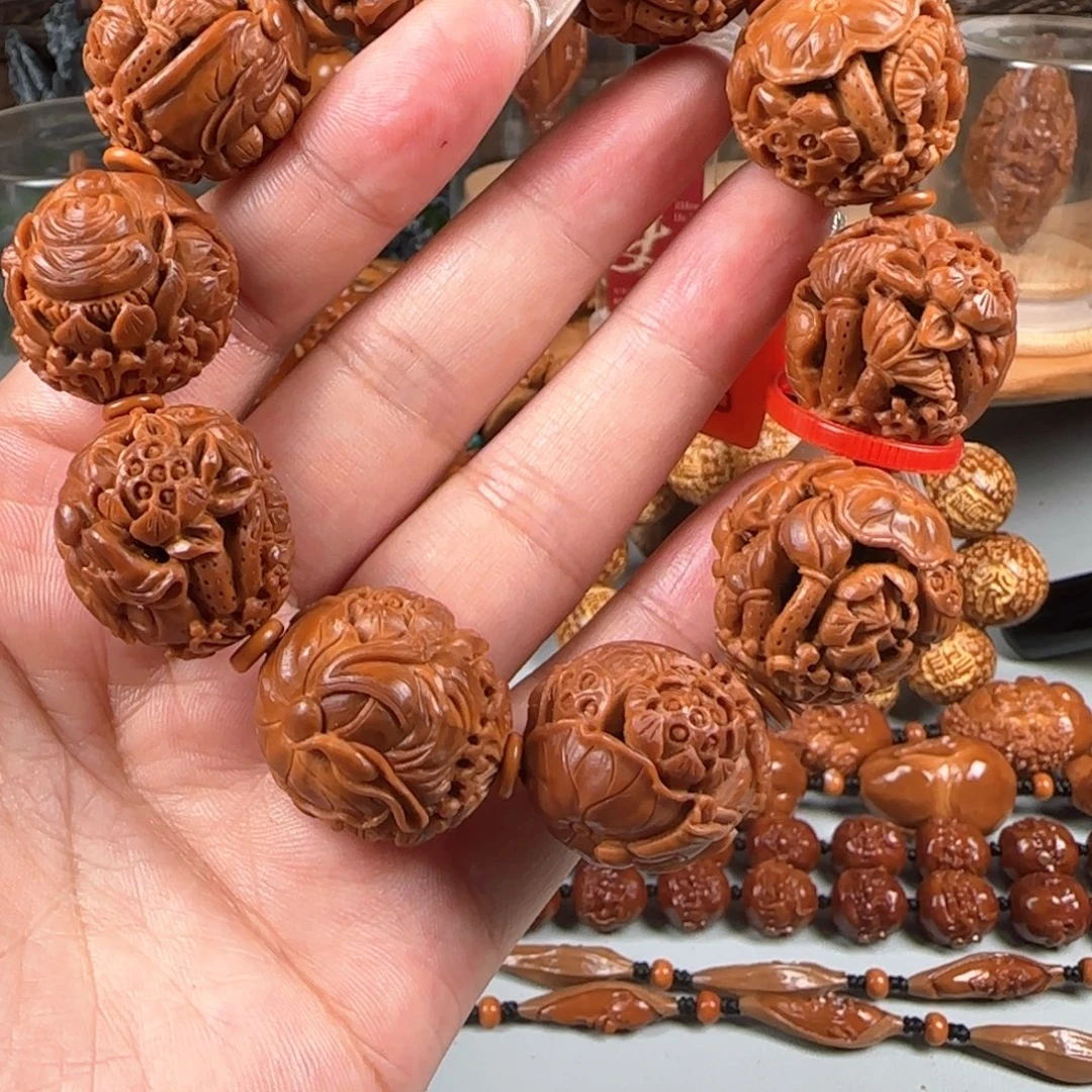 橄榄核手串/手链宽2.3鸡血红梅林核镂空荷塘月色无相佛