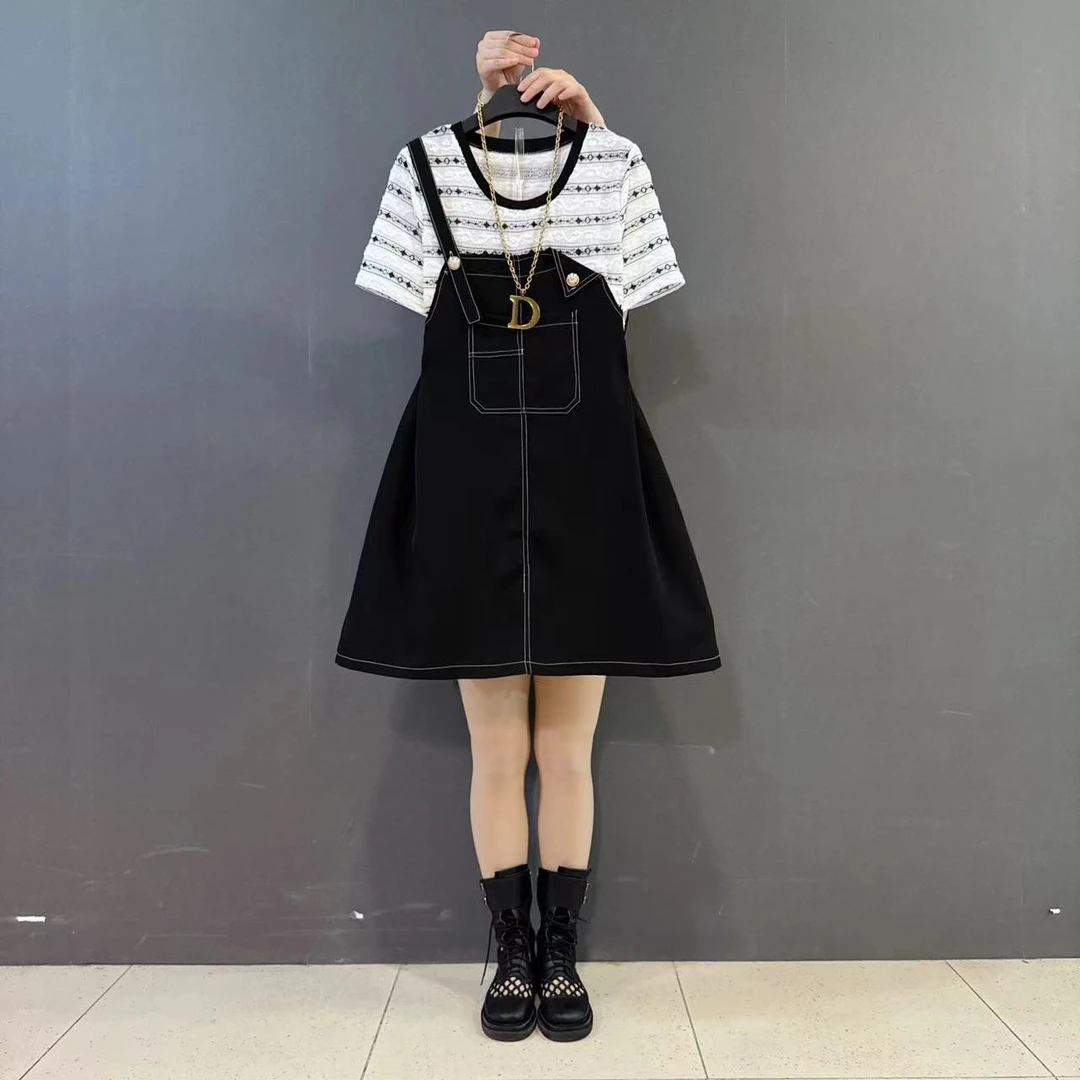 胖MM新款条纹拼接小设计感假两件连衣裙宽松遮肉中长款裙