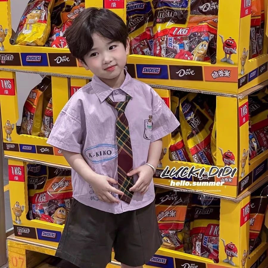 男夏季套装童装个性休闲韩版帅气男童潮流领带衬衫时尚上衣套潮酷