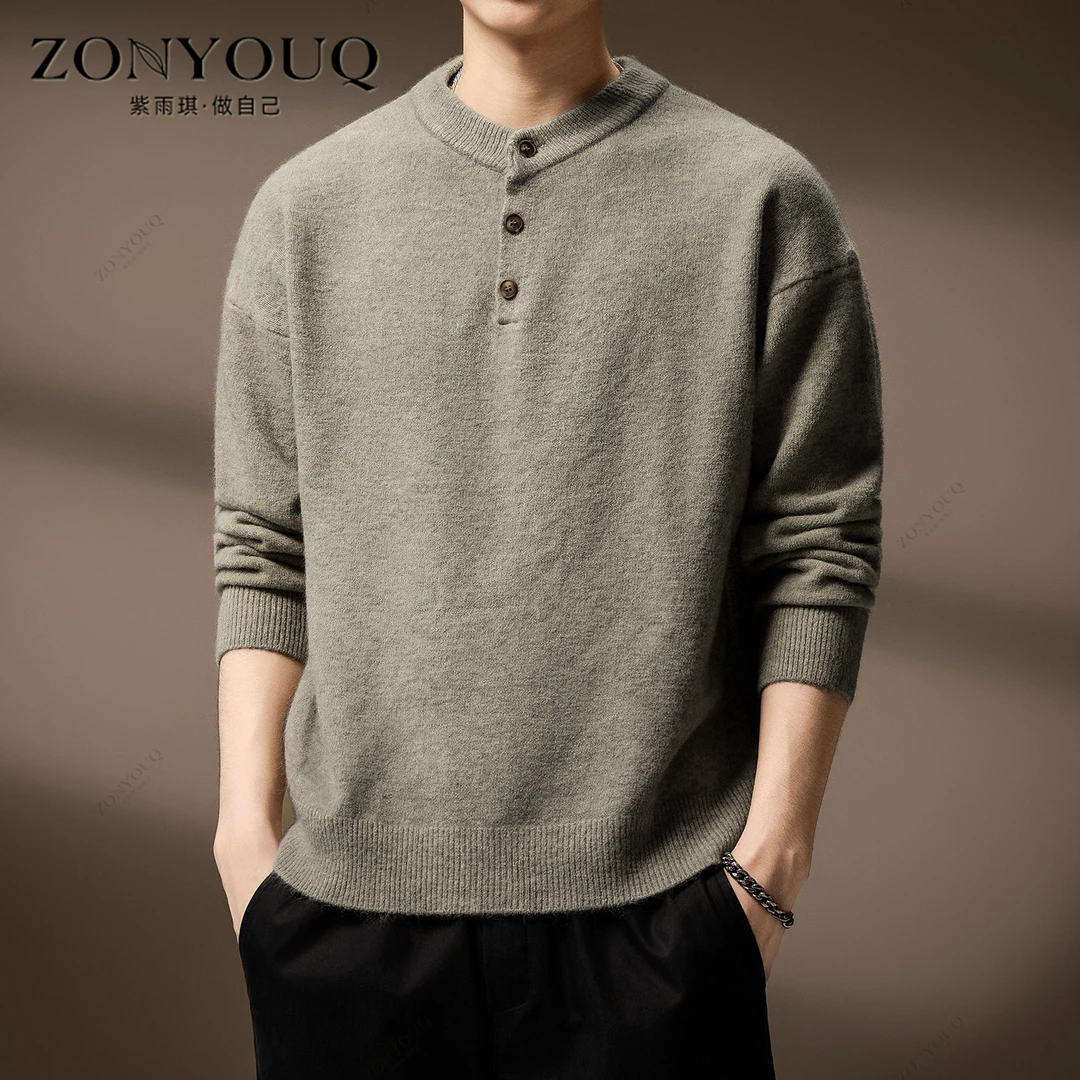 长袖毛衣男士冬季美式复古简约亨利领潮流纯色休闲针织衫保暖上衣