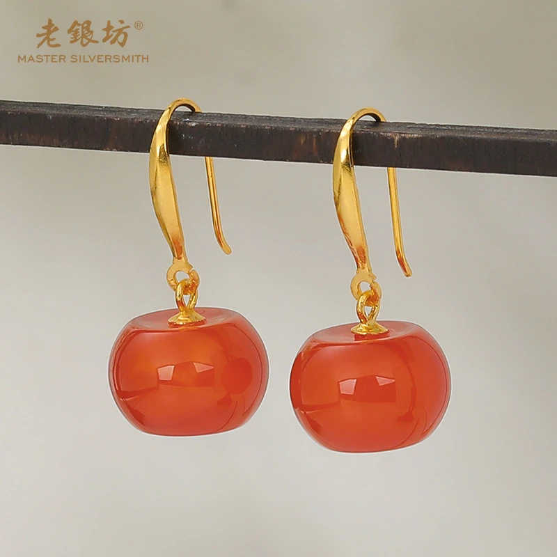 【老银坊】s925银镀金红玛瑙苹果耳坠 0014928