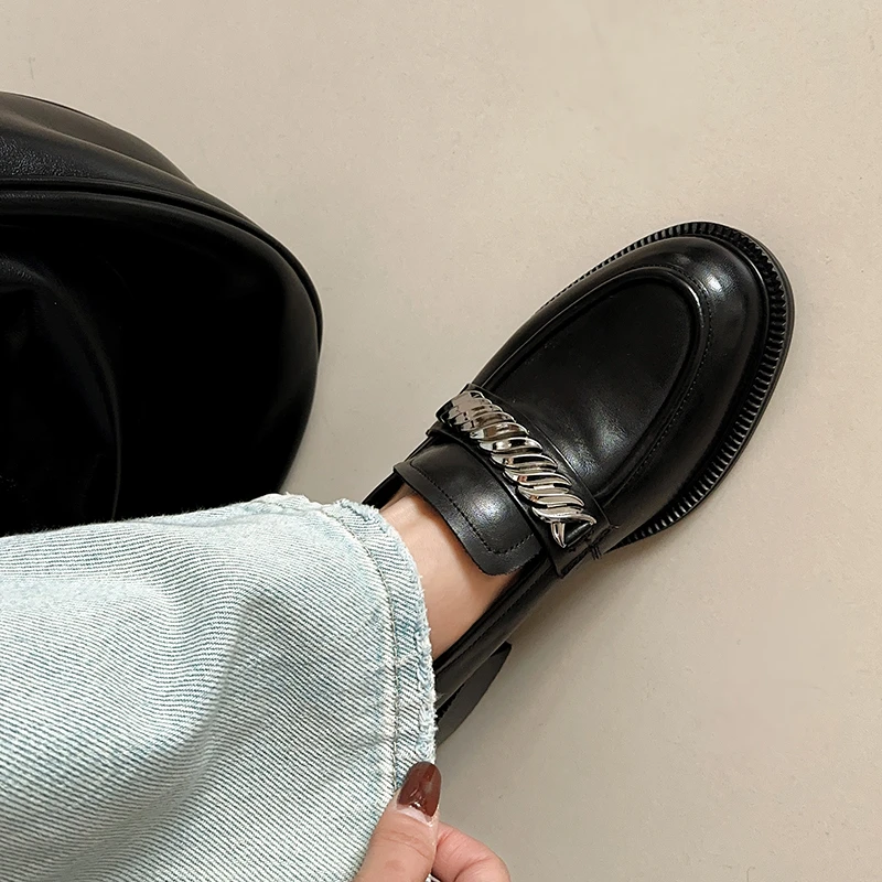 4.5cm圆头粗跟乐福鞋女黑色百搭真皮厚底英伦风春秋季单鞋四季鞋