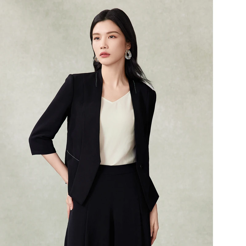 【晨粉专享价】粉蓝衣橱时尚通勤无领百搭西装女新款V领短外