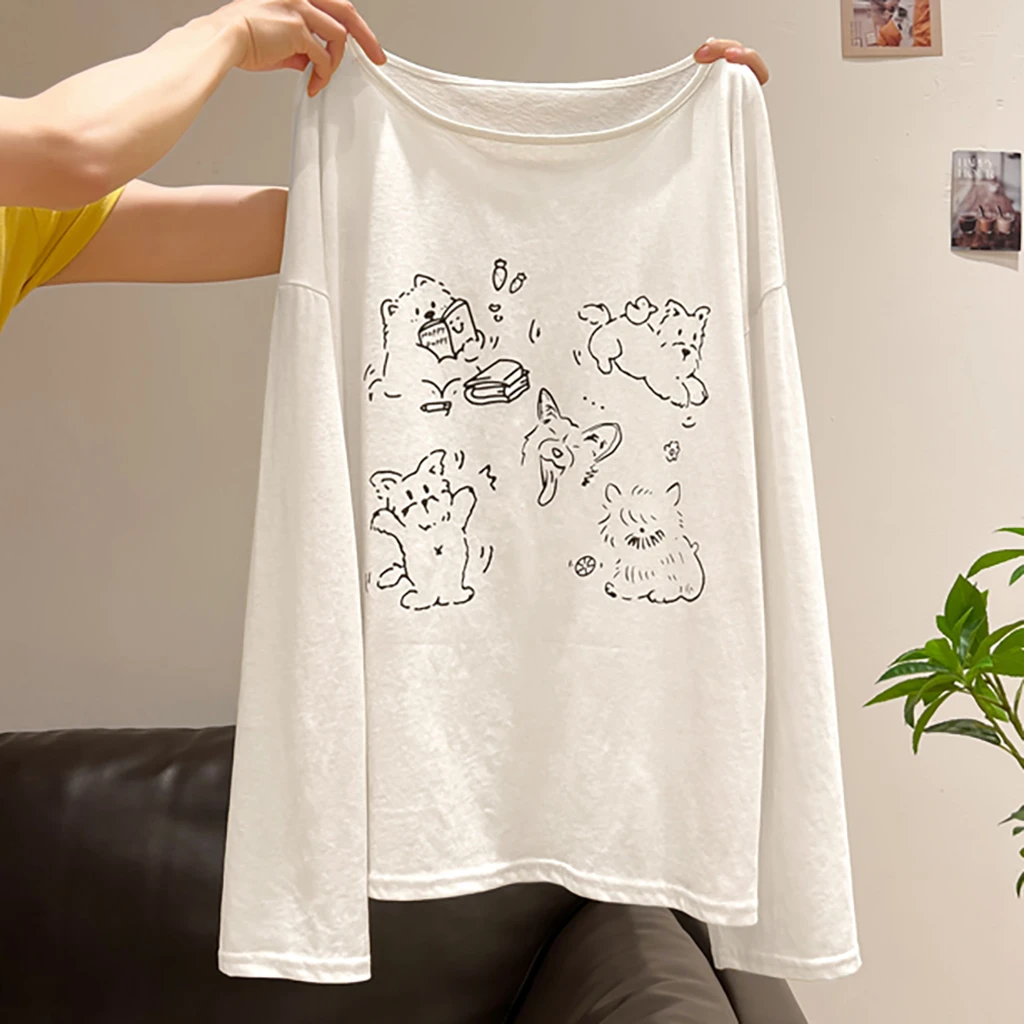 (有运险)1208可爱小狗慵懒露肩长袖T恤女秋季年新款斜肩薄款上衣