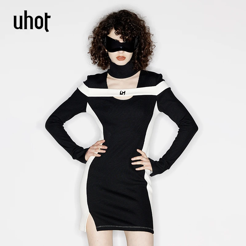 uhot 黑白拼接撞色大U领设计经典修身连衣裙百搭舒适女 UWSW4L328