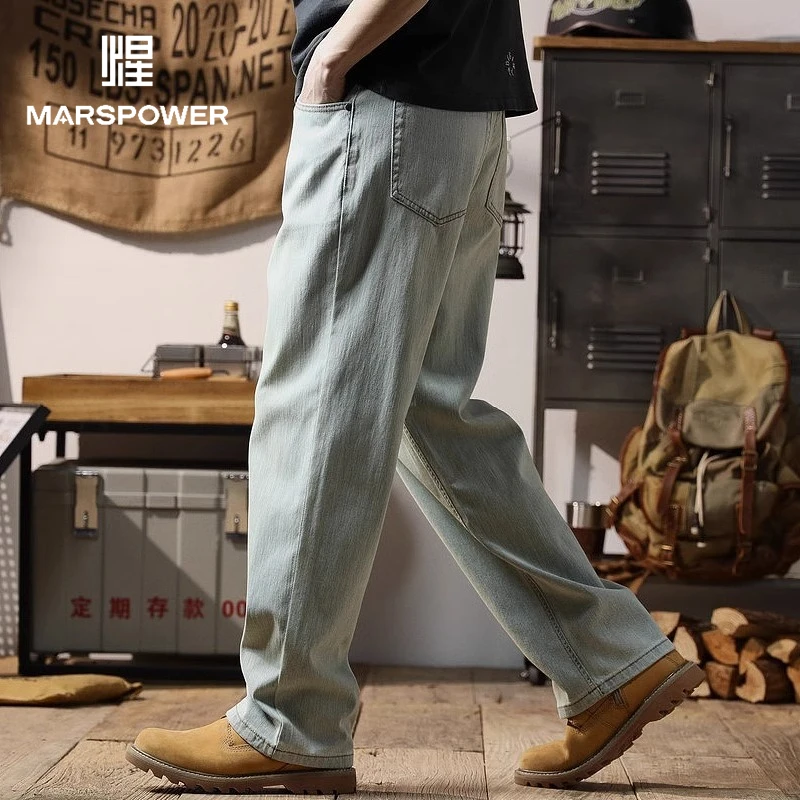 Cebrodz男士薄款弹力休闲牛仔裤浅蓝直筒裤复古百搭春季休闲裤