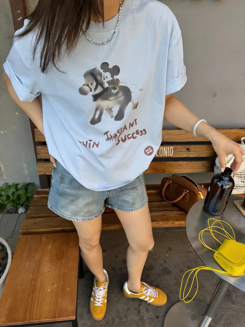 温柔瑶-BEN-松弛休闲水墨印花米奇短袖ku-82783