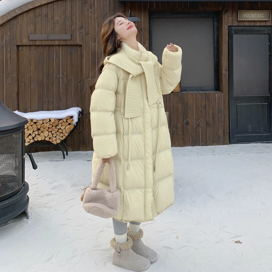 针织披肩帽中长款羽绒服女冬季2025新款韩系奶fufu减龄白鸭绒外套