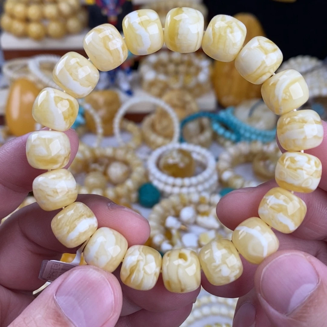 蜜蜡未镶嵌手链瓷白细纹虎皮纹12.5mm