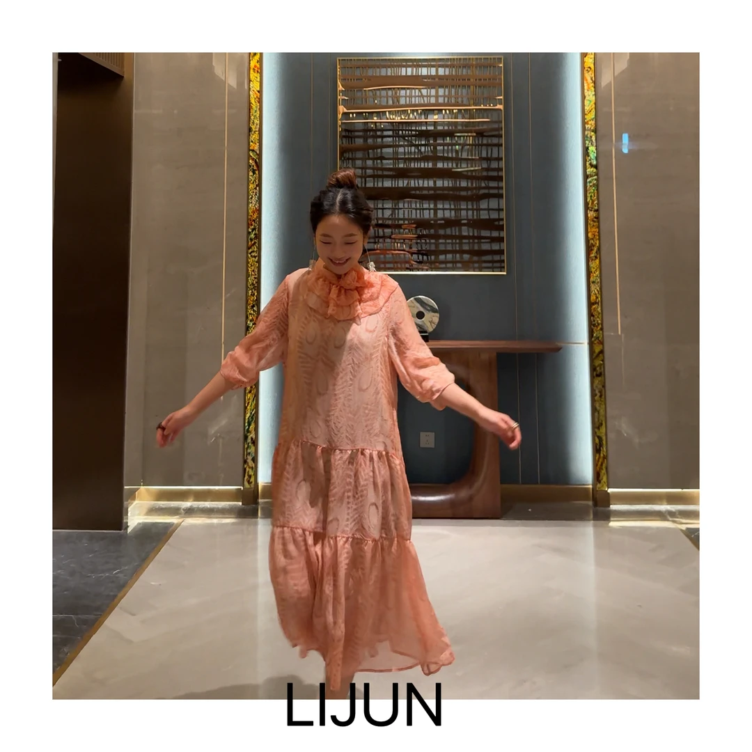 篱君【粉樱悠韵】夏季气质印花大摆长裙荷叶领宽松遮肚