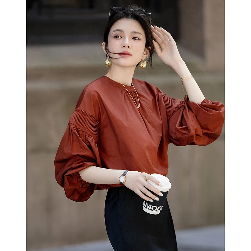 【云云精选】德·玛纳纯棉秋季法式简约立领衬衫宽松气质衬衣上衣