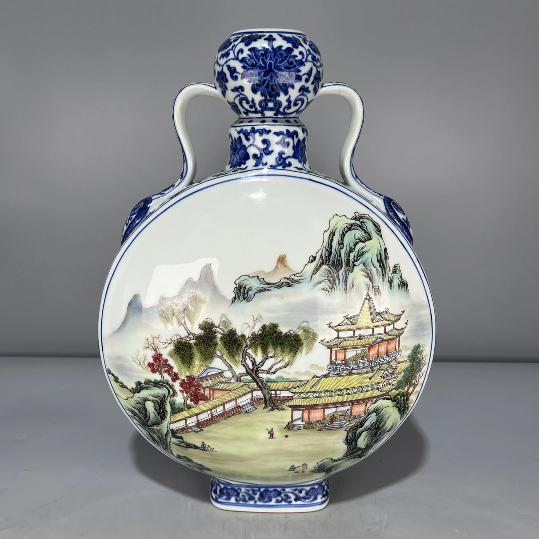 当代仿制 仿古大清乾隆年制青花粉彩山水楼阁抱月瓶