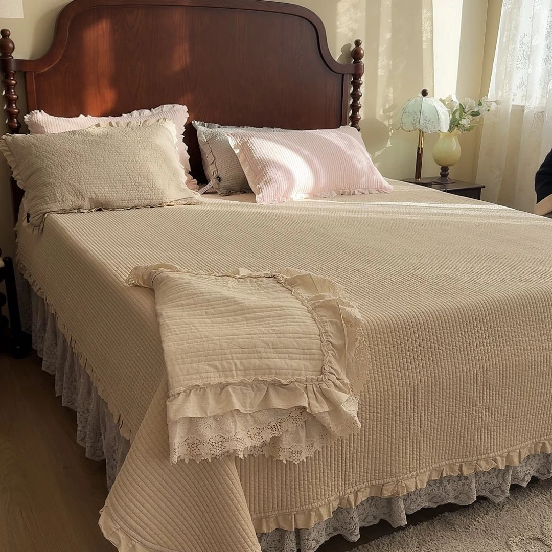 棉花边棉麻床盖三件套