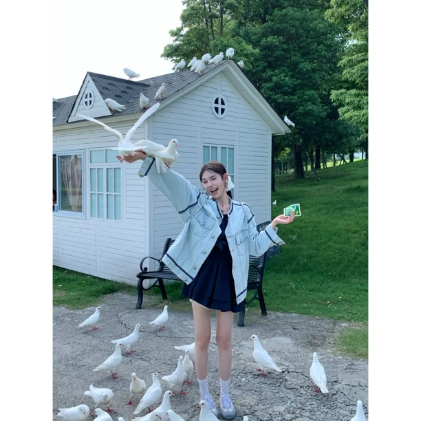 【赵小小&牛仔尖子生】7825 复古水洗无领牛仔做旧休闲感美式外套女