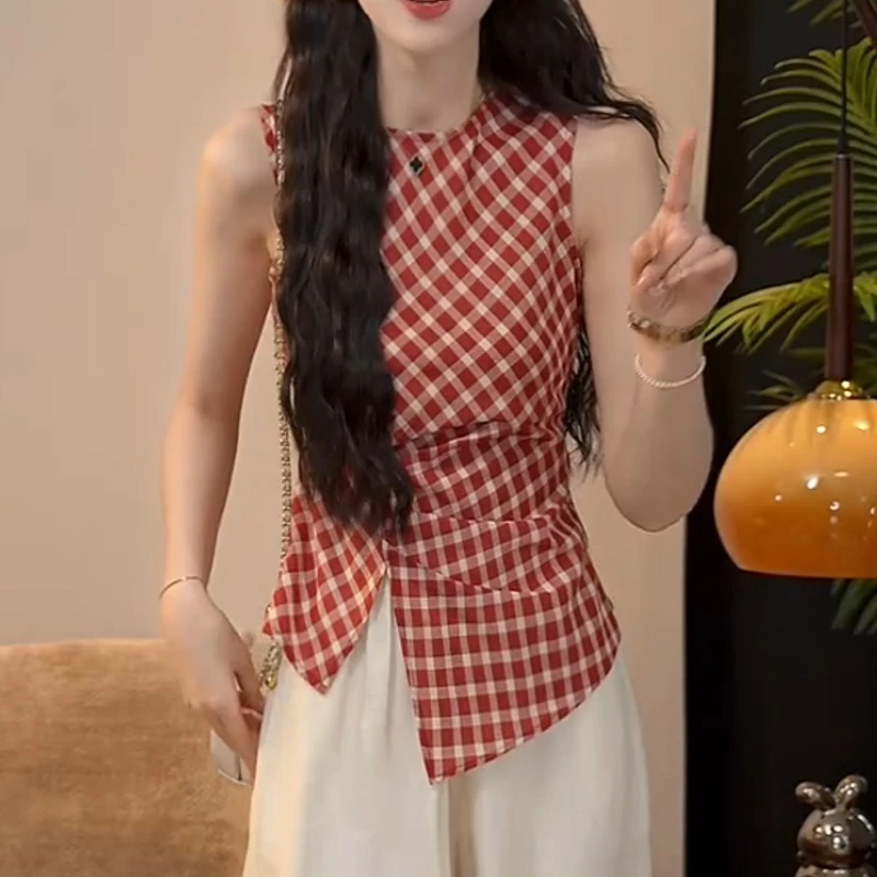 【红格绮梦】夏季新款红色格子设计感显瘦衬衫女LK2503479