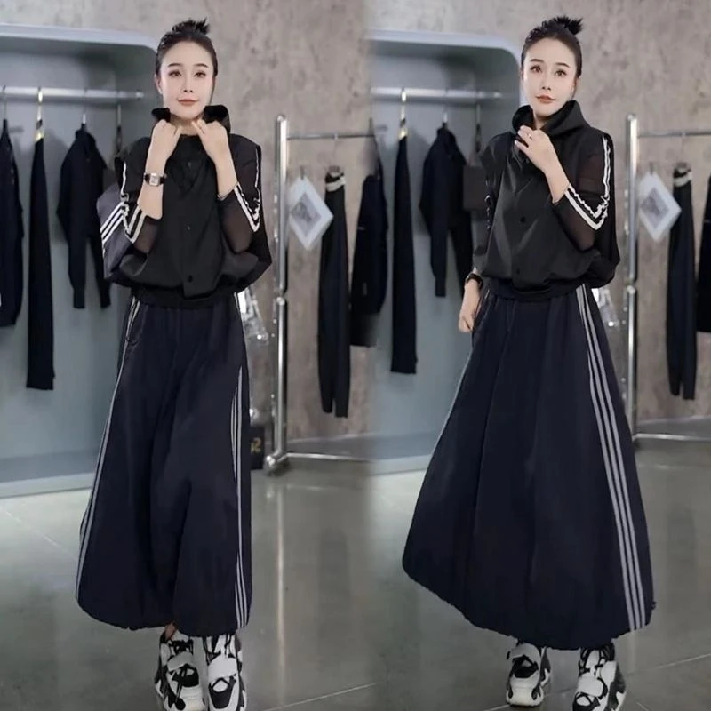 网红炸街2025春夏新款韩版时尚套装女连帽马甲网纱衫半身裙三件套