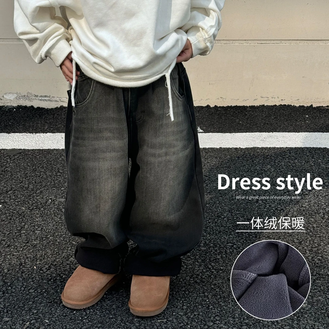 男童冬季加绒裤子儿童装新款一体绒牛仔裤中大童韩版加厚保暖冬款