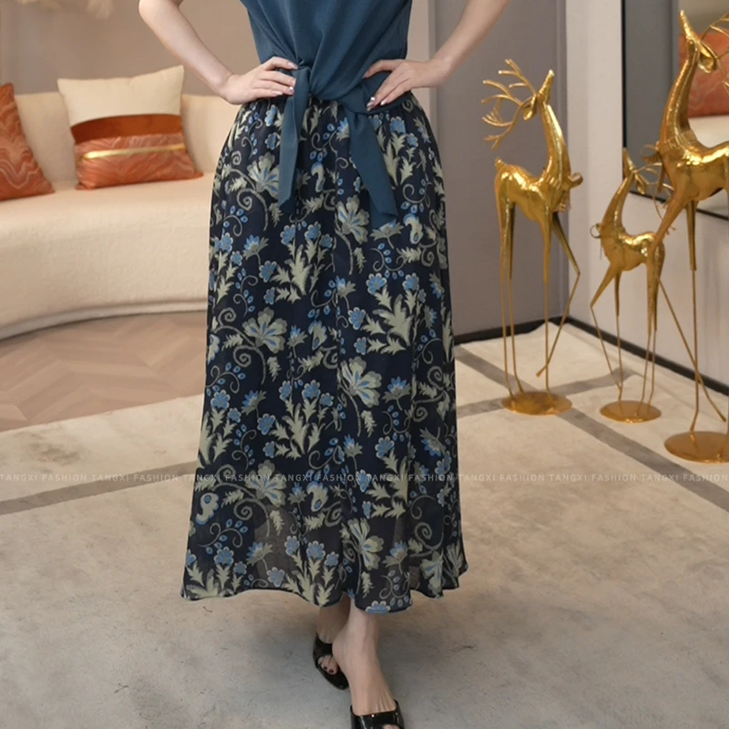 现货2025夏季新款【7265】松紧腰小众时尚蓝色文艺印花显瘦半身裙子