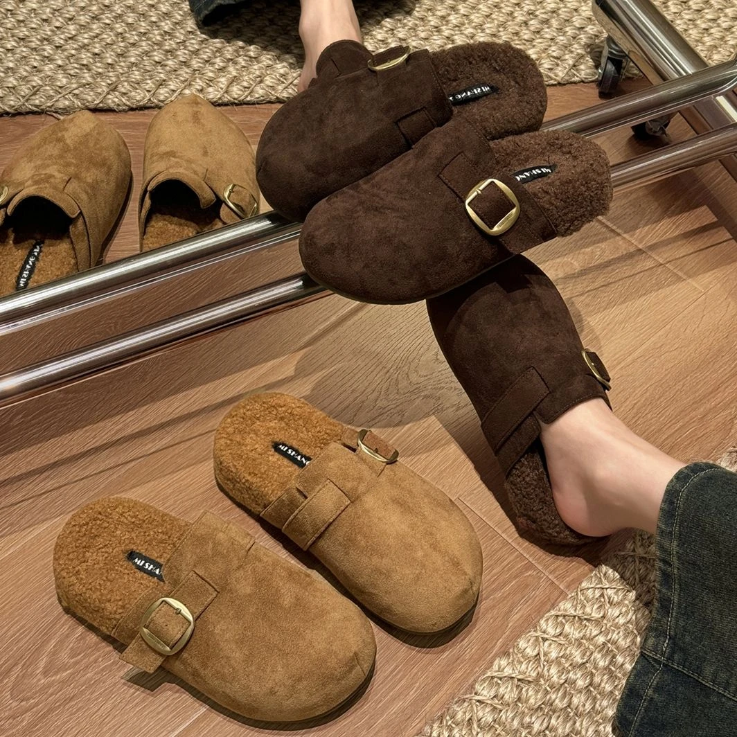 贾不假勃肯鞋女款2025新款秋季时尚百搭复古加绒外穿包头半拖鞋子