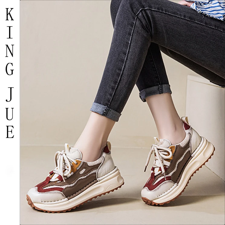 【王爵】春季新款真皮松糕底单鞋百搭舒适透气系带软底运动休闲鞋