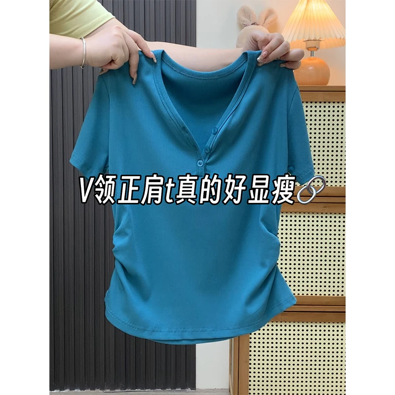 特大码200斤欧货独特V领掐腰正肩显瘦短袖t恤女夏季薄款百搭上衣