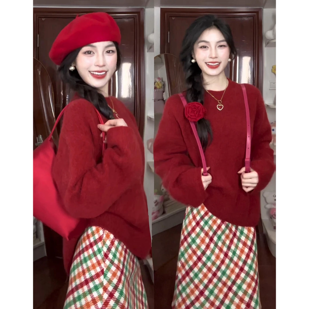 小香风复古红色系穿搭一整套搭配2026新款深秋初冬针织毛衣套装裙