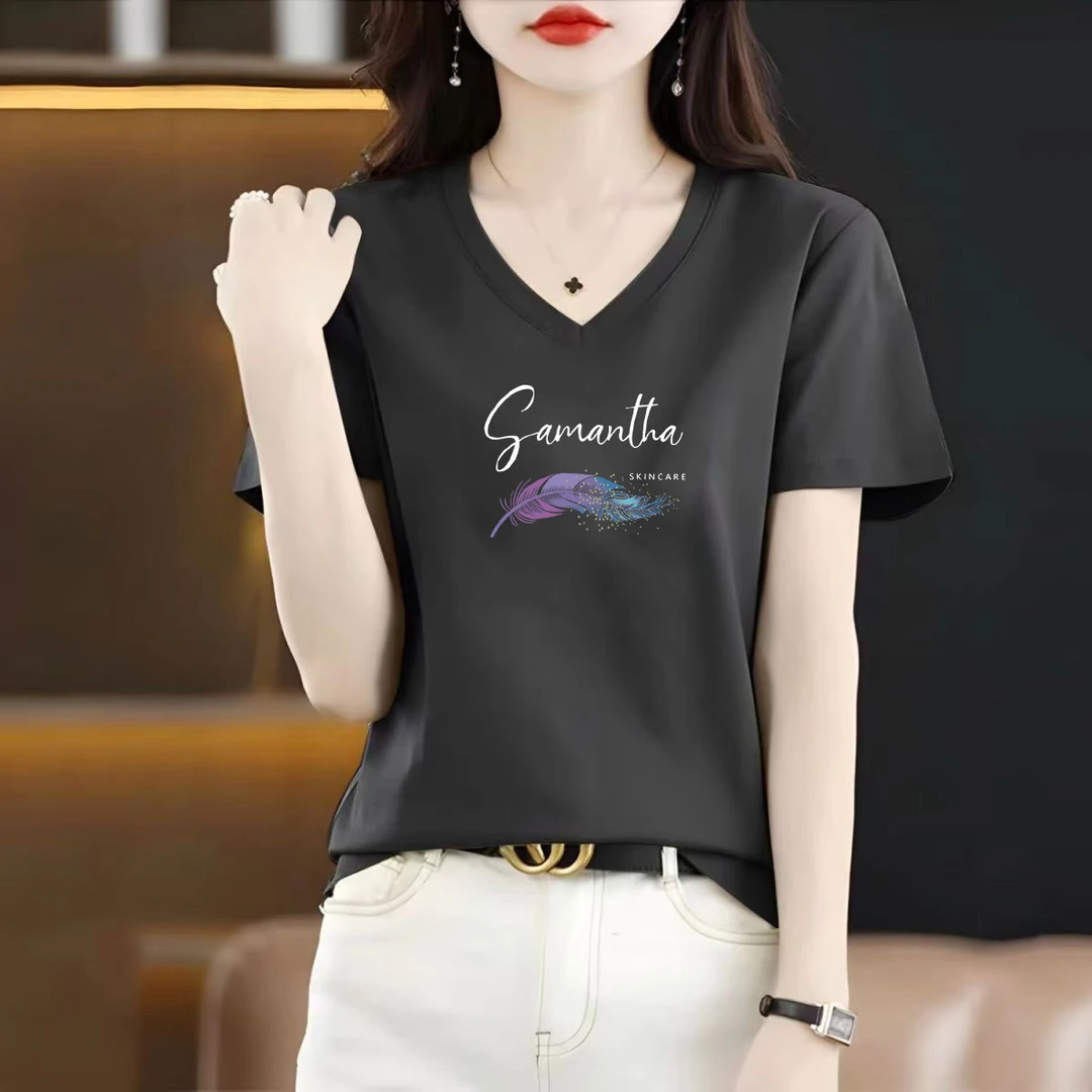 高档女士V领灰色短袖T恤宽松透气显瘦洋气百搭休闲大码体恤上衣女