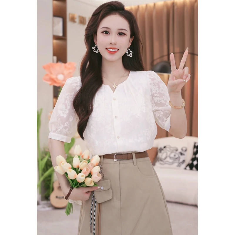 法式小香风碎花泡泡袖衬衫2025夏季新款甜美减龄气质衬衫短袖潮