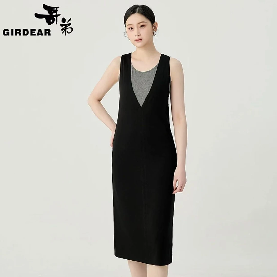 哥弟新款女装时尚叠穿造型两件套长款无袖套头背心连衣裙150031
