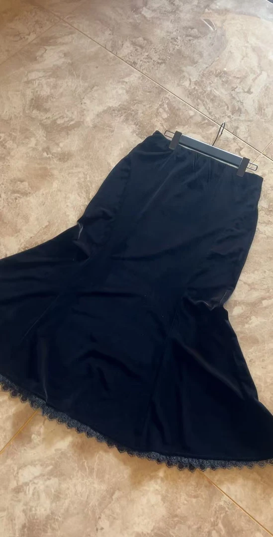 FENGJIE 2025新款丝绒时尚洋气鱼尾裙蕾丝裙边半身裙