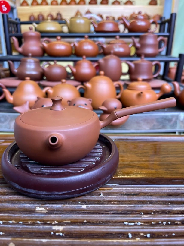 竹节【侧把壶】紫砂壶潮州本土原矿朱泥手拉壶潮州工夫茶壶