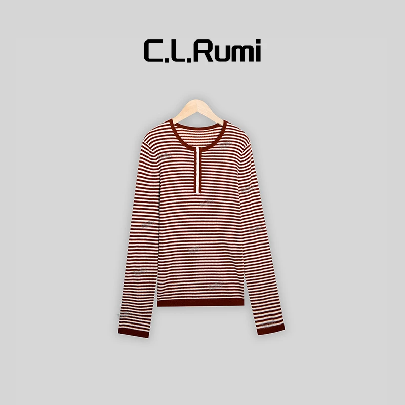 【Rumi时装】“摩洛哥”休闲百搭圆领条纹长袖羊毛针织上衣6211my