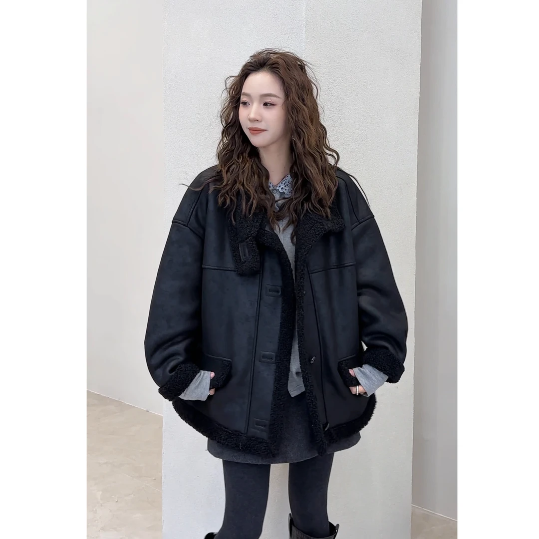 小静静一会【黑色一体毛外套 】2025冬季新款百搭宽松外套2511C7908