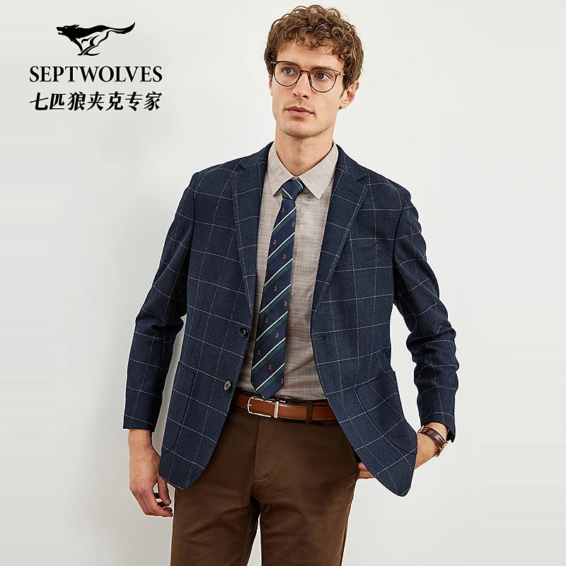 七匹狼细条大格纹含羊毛便西夹克休闲时尚经典商务舒适格子4144