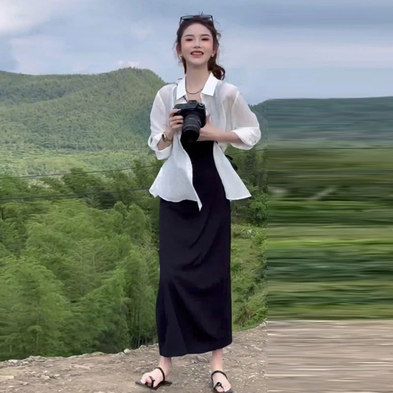 减龄时尚套装女夏季新款后背开叉系带防晒衬衫吊带裙洋气质两件套