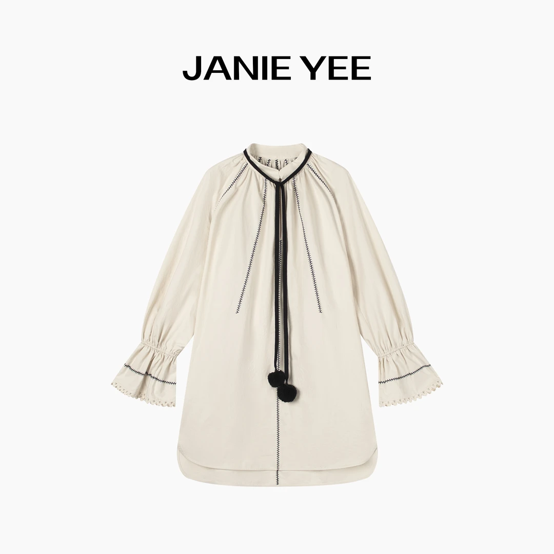 Janie Yee“小马裙” 100棉刺绣腰带长袖宽松直筒连衣裙女 25A2621