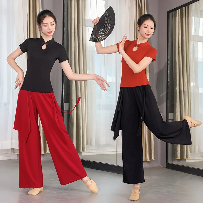 古典舞服阔腿裤滴水领短袖上衣舞蹈裤气质时尚宽松飘逸云朵裤