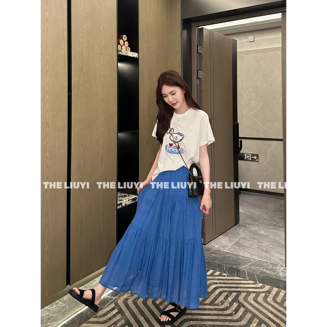 【LIUYI】湖蓝半裙~夏季气质高腰显瘦半身裙55248