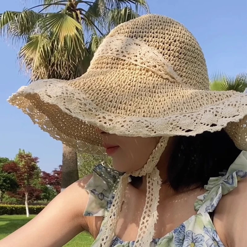草编防晒帽女新款夏季镂空遮阳大檐蕾丝系带草帽海边沙滩太阳帽子