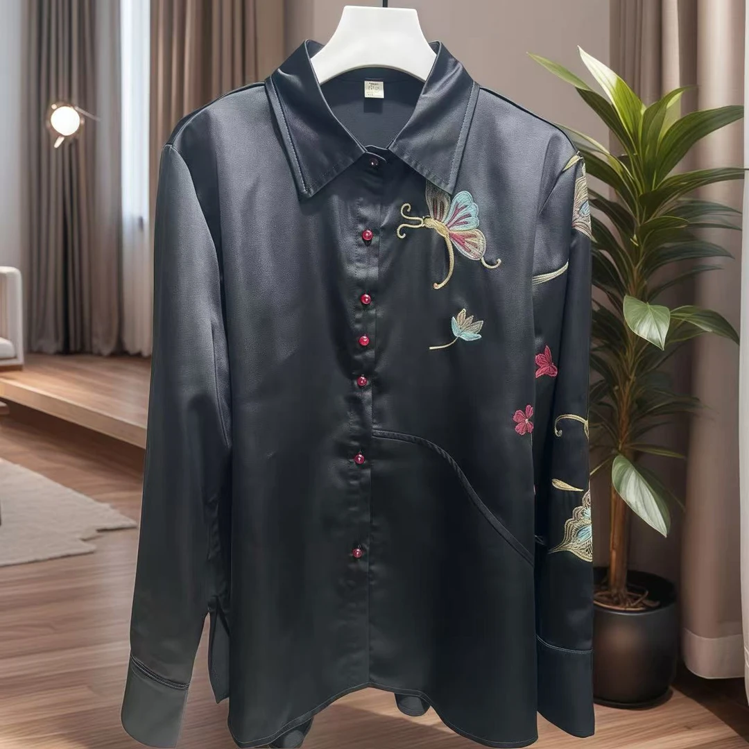 鑫姐新款时尚气质显瘦遮肉法式设计师刺绣蝴蝶衬衫