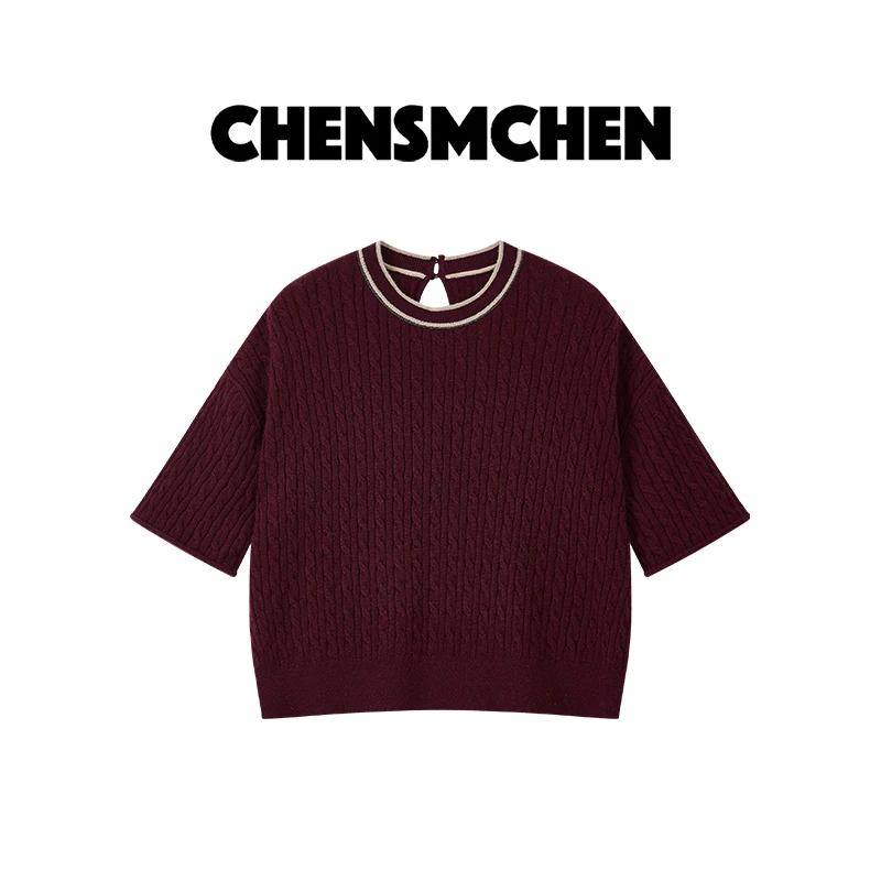 CHENSMCHEN100山羊绒撞色圆领针织衫女复古时尚百搭上衣CSR7401QQ
