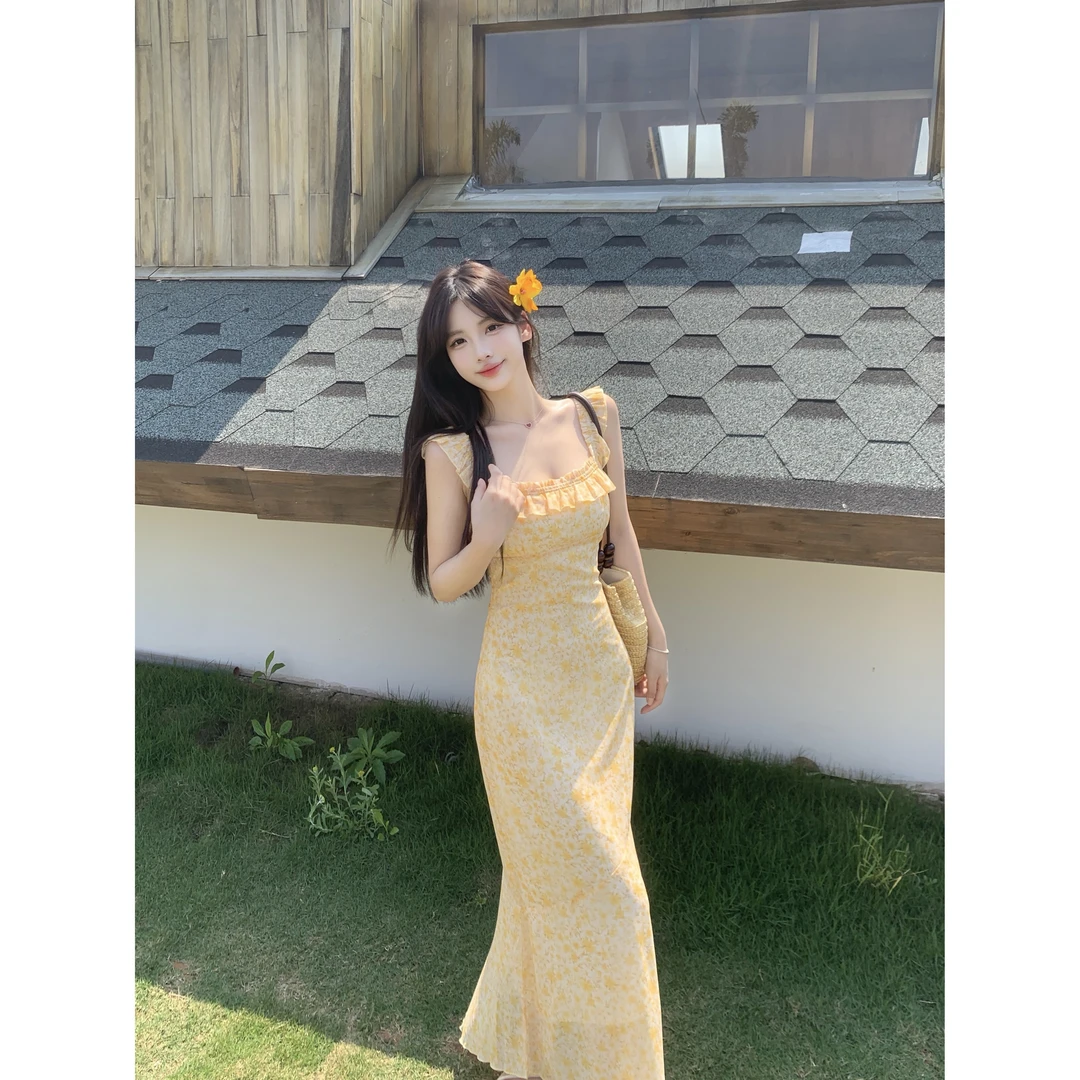 大码复古夏季新款油画系列长款法式碎花吊带连衣裙显瘦气质长裙女