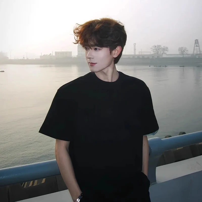 黑色小领口新疆棉正肩短袖T恤男生美式重磅短宽少年感穿搭半截袖