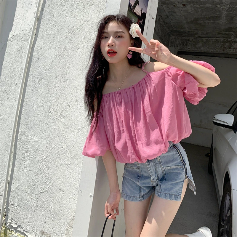 仙气飘飘洋气独特别致上衣女小众设计性感吊带一字露肩泡泡袖衬衫