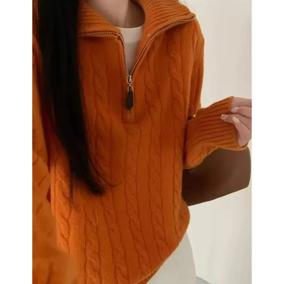 丽姐家~南瓜翻领半拉链针织时尚百搭宽松秋冬上衣
