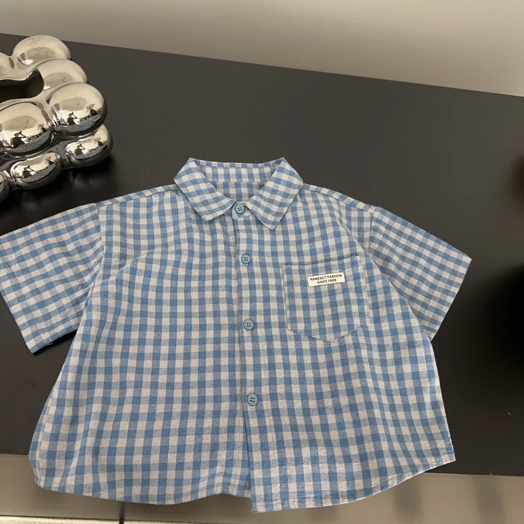 【两个小盆友】夏季儿童短袖韩版宽松休闲格子短袖纯棉男童衬衫5090