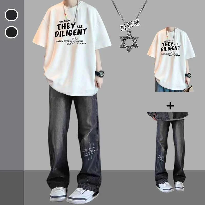 潮牌短袖t恤男夏季套装2025新款潮流体恤男生帅气牛仔裤一套衣服